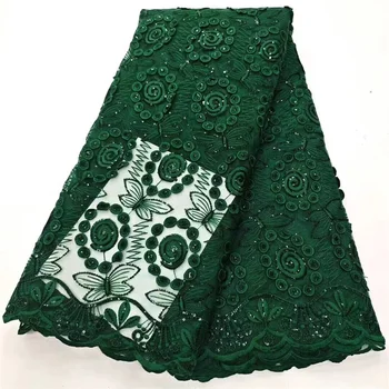 2024 Green Elegantný Afriky Čipky Textílie 5 Metrov Vysokej Kvality Flitrami Mäkké Francúzsky Tylu Nigérijský Svadobné Asoebi Ženy Šaty Šnúrky
