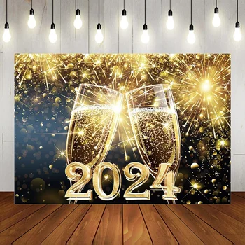 2024 Šťastný Nový Rok Party Fotografie Pozadí Banner Dekorácie Šampanské Bokeh Gold Glitter Foto Pozadie Strany Fotenie