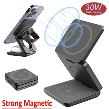 30W Magnetické Bezdrôtový Nabíjací Stojan Pad pre iPhone 15 14 13 12 Apple Hodinky 8 7 6 Airpods Pro 3 v 1 Macsafe Rýchle Nabíjanie Dock S