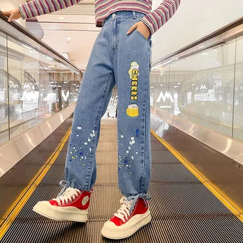 Dievčenské džínsy v roku 2023, dievčenské nové džínsy, na jeseň, dievčenské módne legíny, kórejská verzia patch džínsy cez krát.