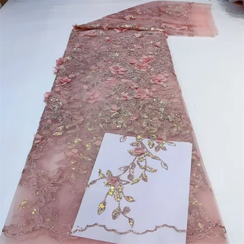 Elegantné Afriky 3D Kvet Čipky Textílie 5 Metrov Vysokej Kvality Flitrami Mäkké francúzsky Tylu Nigérijský Svadobné Asoebi Ženy Šaty Šnúrky