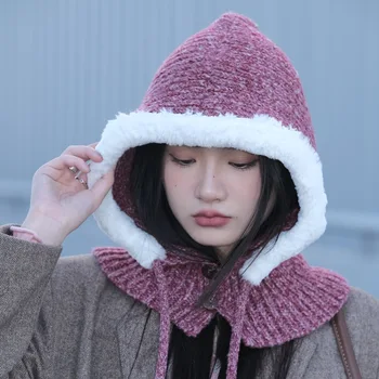 Kórejský Kukla Klobúk Luxusný Šál Integrované Ženy Zime Teplé Ochranu Sluchu S Kapucňou Šatku Pletený Pulóver Šnúrkou Čiapočku Spp