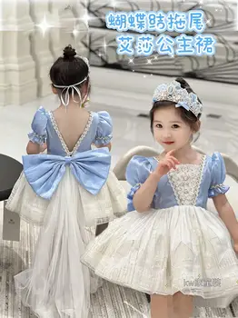 Letné Baby Dievčatá Strana Backless Šaty Princezná Motýľ Luk Uzol Guľové Šaty Šaty Farbou Deti Narodeniny Vykonávať Oblečenie