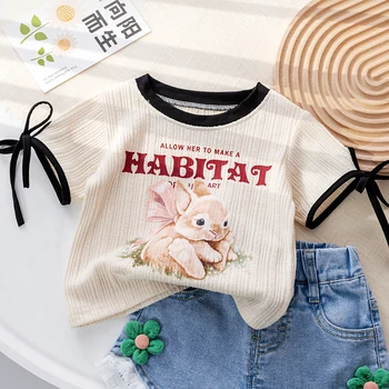 Letné Módy Deti Oblečenie 2-6 Rokov Roztomilý Zvierat Králik Tlač Bavlna Dievčatá Béžová T-Shirt