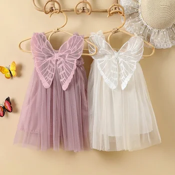 Letné Šaty pre Dievčatká Narodeniny Party Princezná Šaty s Motýlími Krídlami Šatka Pláži, Detské Oblečenie Dovolenku Bežné Nosenie