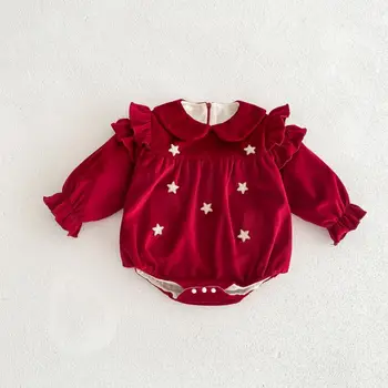 Novorodenca Dievča Romper Princezná Velvet Jumpsuit Zimné Dojčenskej Batoľa, Dieťa Volánikmi Čipky Badysuit Vianočné Detské Oblečenie 0-2Y