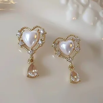 Nové Módne Crystal Pearl Náušnice Nádherné Srdce Tvar Stud Náušnice Pre Ženy Drop Visieť Náušnice Strany Šperky