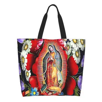 Panna Mária Z Guadalupe Nákupní Taška Plátno Ramenný Tote Bag Mexickej Panny Márie V Mexiku Kvety Tilma S Potravinami Shopper Tašky