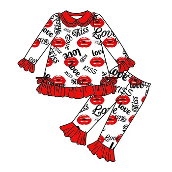 Valentína nové dievča oblečenie, Dlhé rukávy a nohavice s čipkou a lúk dizajn červené pery vzor vytlačené mlieko hodvábne tkaniny