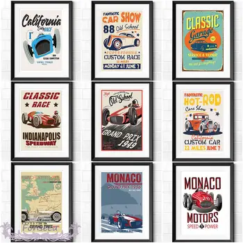Vintage Klasické Závodné Auto, Plátno, Maľovanie Retro Monako Motory Plagáty a Tlač Muž Darčeky Wall Art Obrázky pre Obývacia Izba