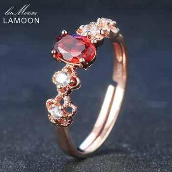 LAMOON 925 Sterling Silver Ring Pre Ženy Červený Granát Drahokam Šperky 18K Rose Gold Plated Jemné Šperky Nastaviteľný Krúžok LMRI045